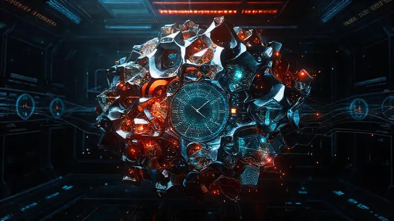 Estructura futurista con cristales y distorsiones temporales