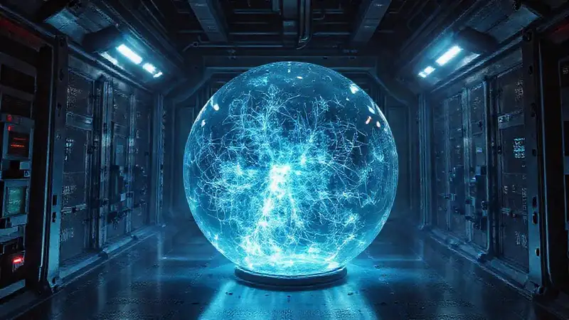 Esfera transparente con patrones en un laboratorio futurista