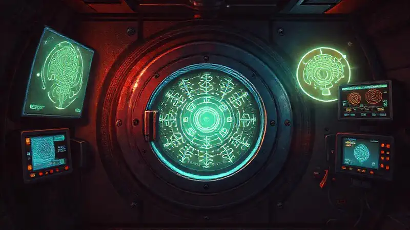 Cámara futurista con energía y simbolismo