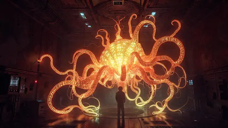 Estructura luminosa y surreal en contención tecnológica