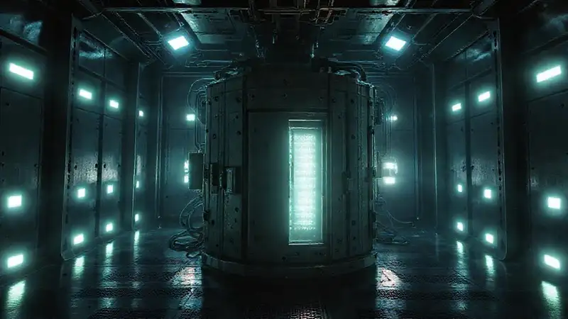 Estructura metálica misteriosa en sala segura
