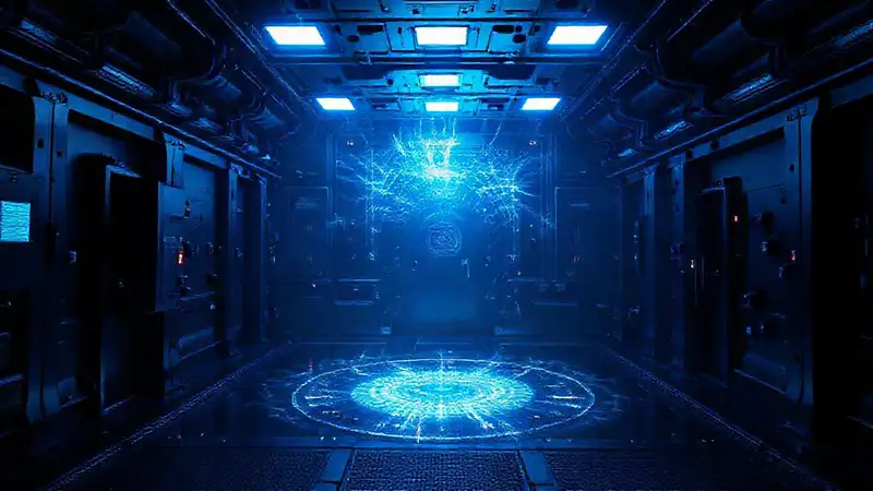 Habitación futurista con energía y seguridad avanzada
