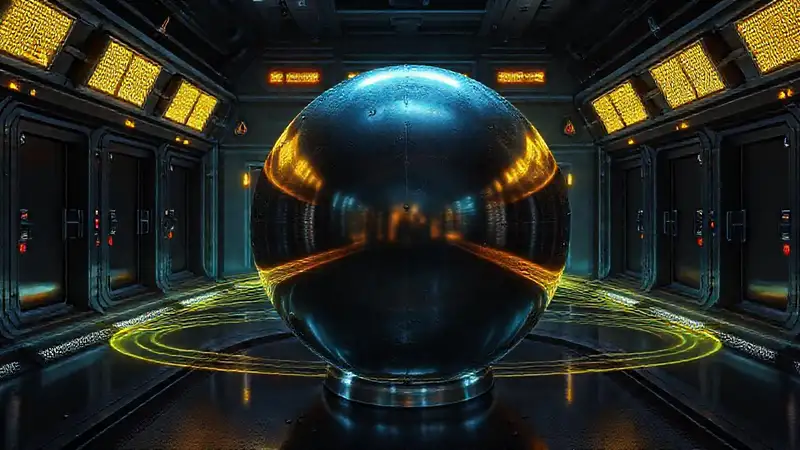 Esfera metálica en entorno futurista y seguro