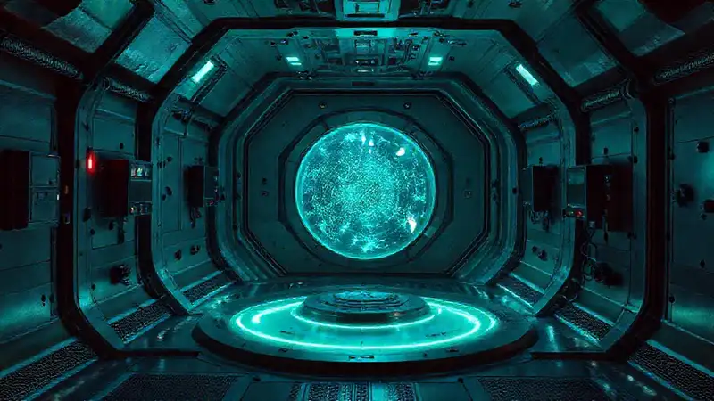 Cámara futurista con esfera y tecnología avanzada