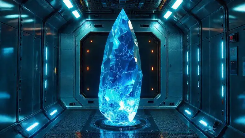 Objeto cristalino misterioso en cámara futurista segura