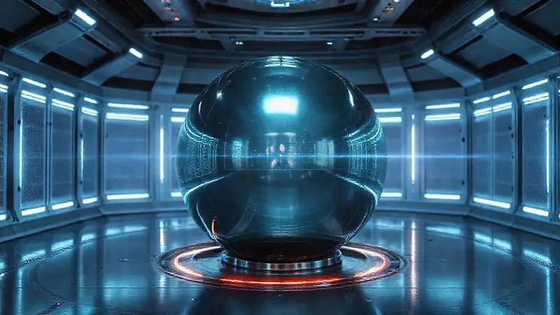 Esfera metálica brillante en contención futurista