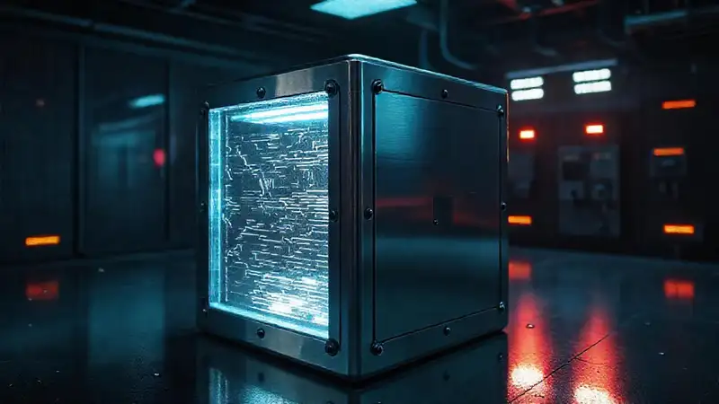 Cubo metálico en laboratorio futurista y misterioso
