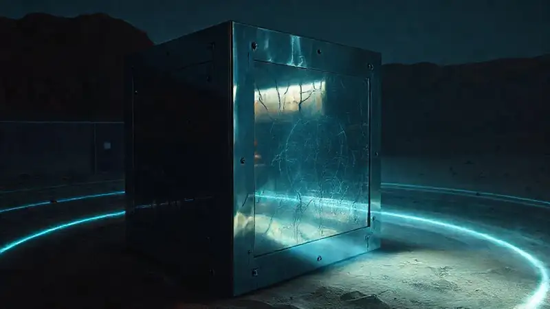 Cubo metálico brillante en entorno futurista