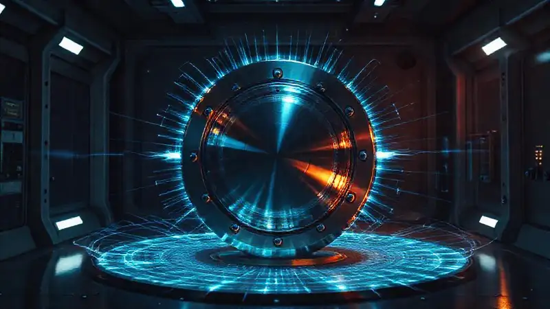 Objeto metálico brillante en entorno futurista