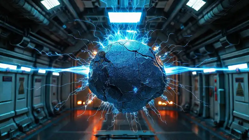 Fragmento metálico con energía en entorno futurista