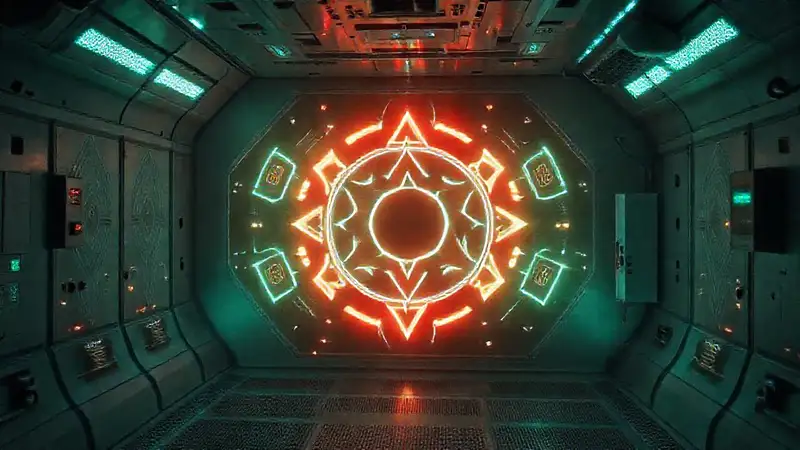 Patrones geométricos misteriosos en entorno futurista