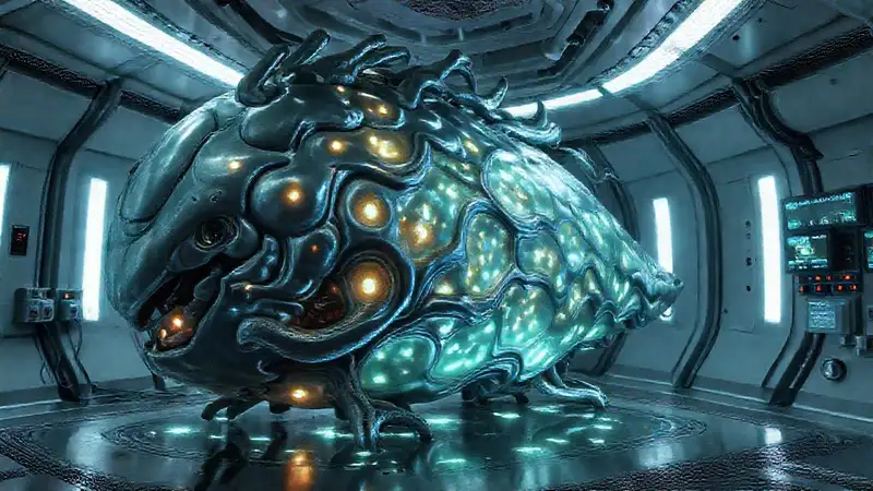 Estructura biomimética en cámara científica futurista