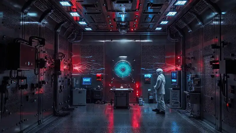 Sala segura con energía misteriosa y tecnología avanzada