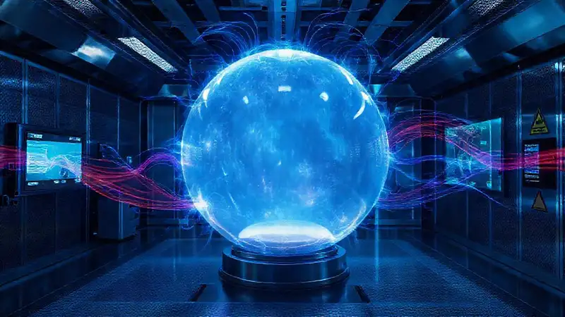 Esfera luminosa en contención segura y científica