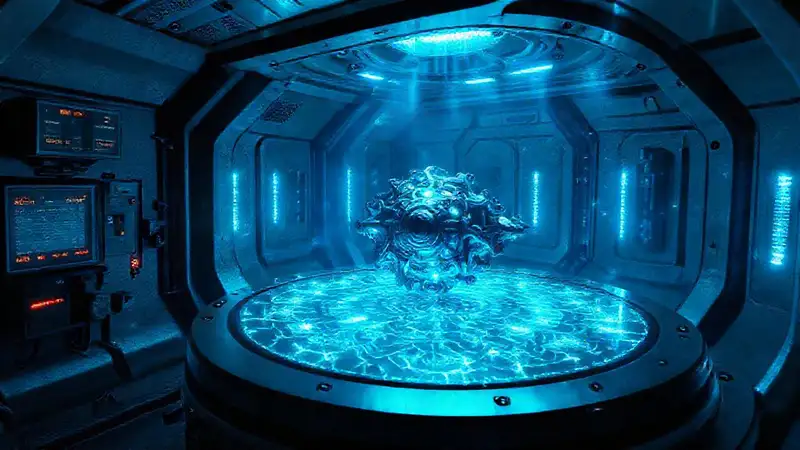 Cámara futurista con energía y artefacto misterioso