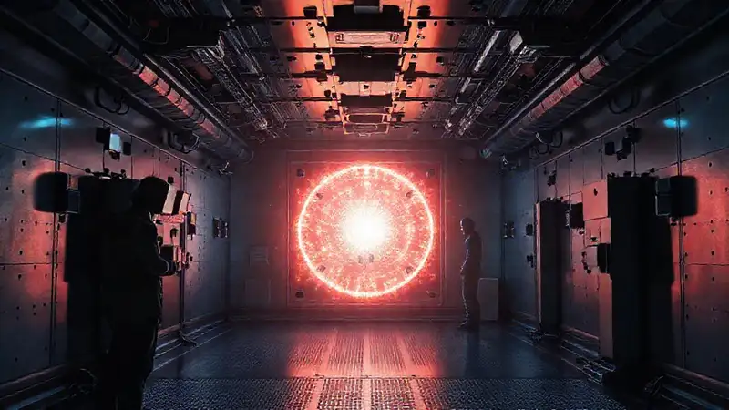 Sala de contención futurista con energía misteriosa