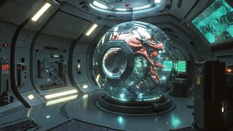 Esfera biomimética en entorno futurista y seguro