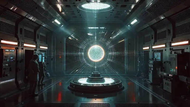 Laboratorio futurista con estructura reflectante y energía