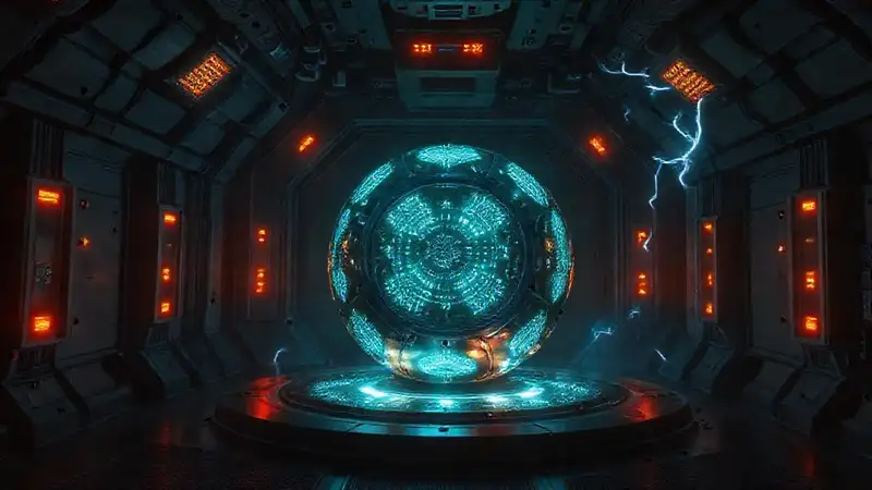 Objeto metálico brillante en cámara futurista