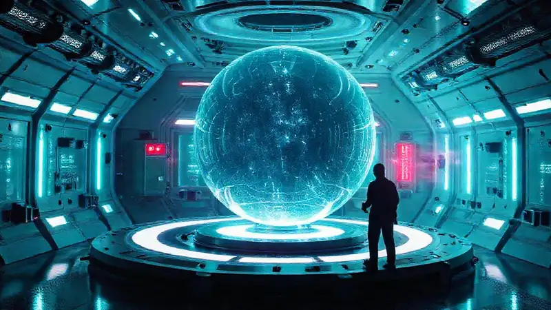 Esfera luminosa en cámara futurista de seguridad