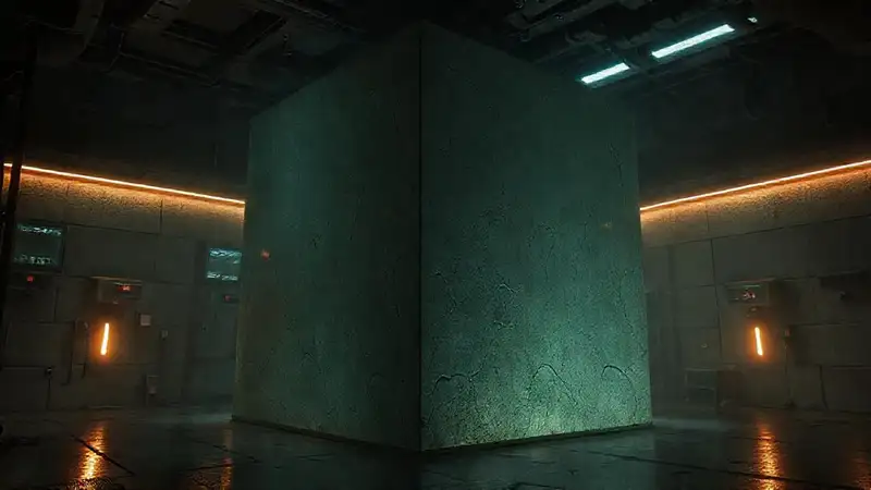 Cubo misterioso en sala de alta tecnología