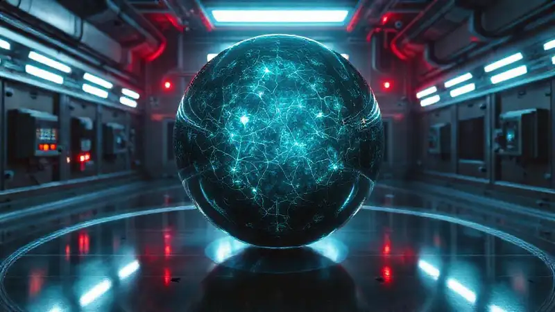 Esfera metálica brillante en sala futurista