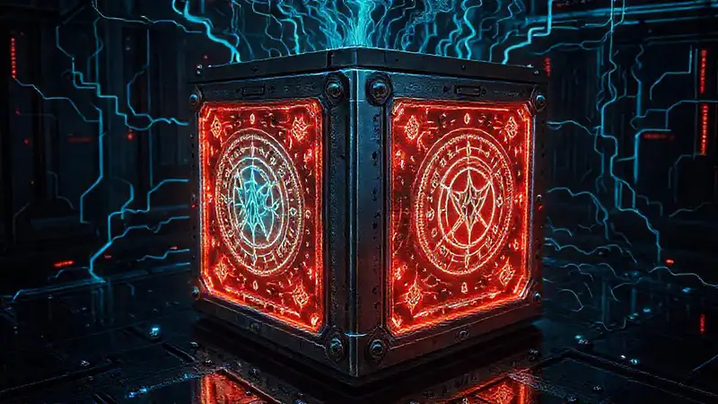 Cubo metálico con símbolos y energía misteriosa
