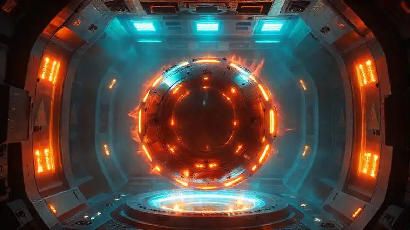 Objeto metálico caliente en cámara futurista
