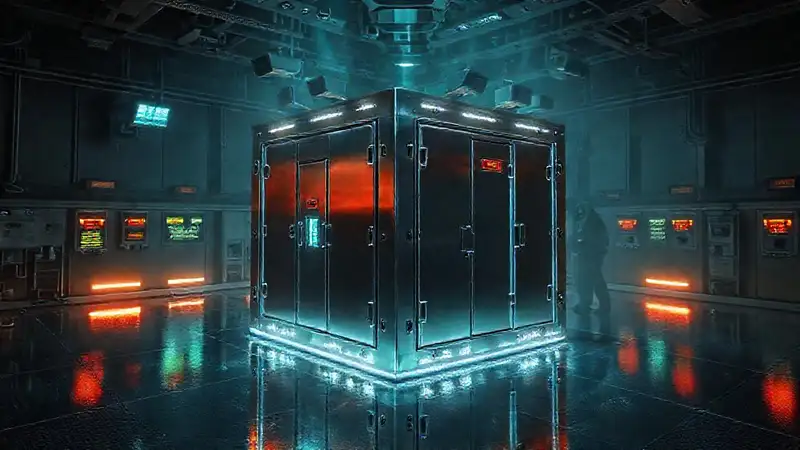 Cubo metallic reflejante en laboratorio futurista