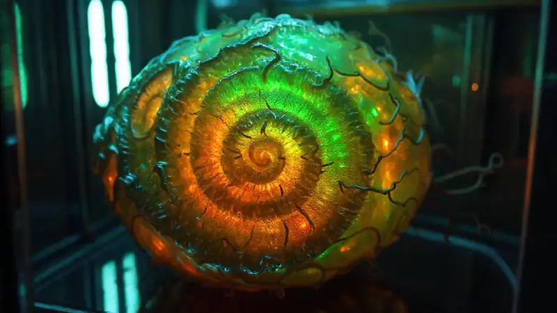 Objeto misterioso con patrones brillantes y distorsión