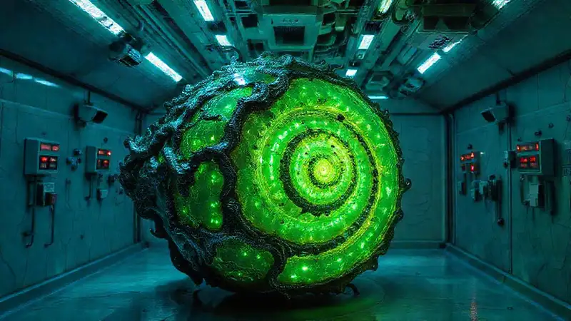 Objeto misterioso con patrones espirales luminiscentes