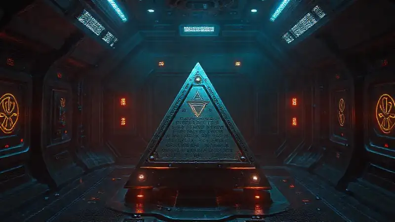 Dispositivo metálico triangular con inscripciones y brillo