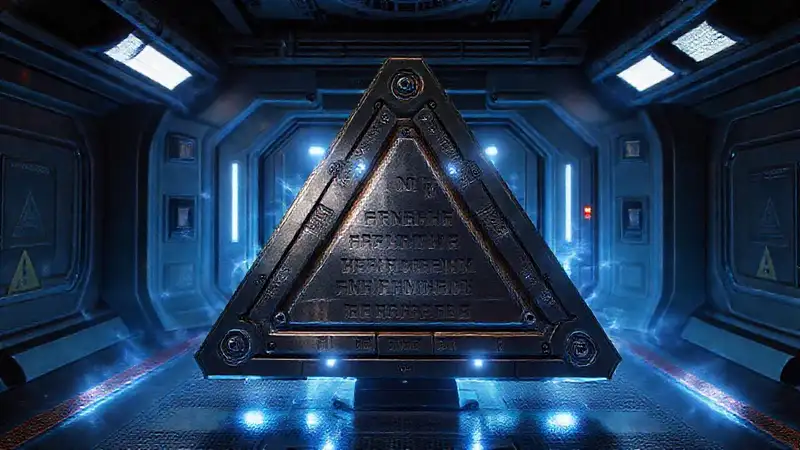 Dispositivo triangular misterioso en entorno futurista