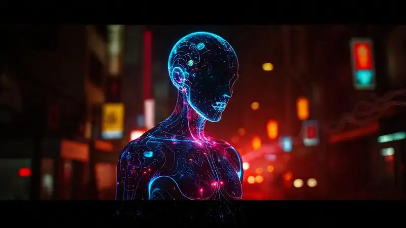 Figura luminosa y surreal en ciudad nocturna
