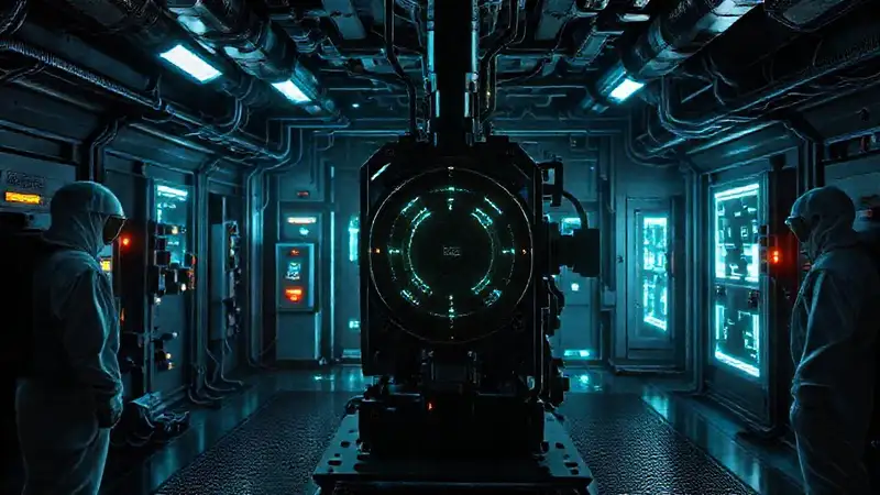 Laboratorio tecnológico oscuro, ambiente de misterio y tensión
