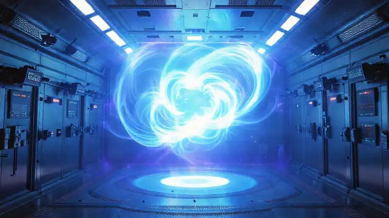 Campo cuántico luminoso en laboratorio futurista