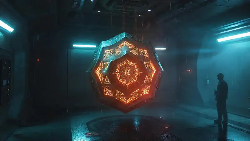 Objeto geométrico misterioso con patrones luminosos