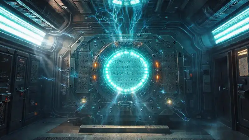 Dispositivo misterioso con runas y energía intensa