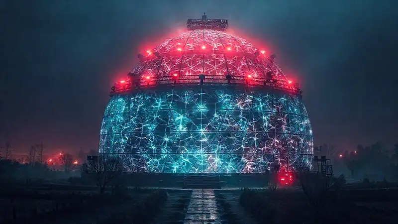 Domo brillante en paisaje rural misterioso y tenso