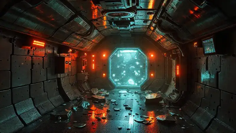 Laboratorio futurista con fragmentos y tecnología avanzada