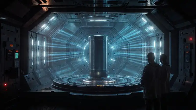 Cápsula futurista con objeto misterioso y científicos