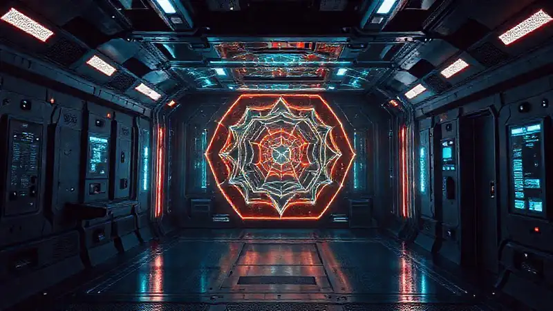 Estructura holográfica futurista en sala segura