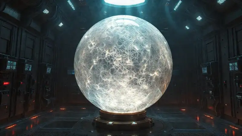 Esfera cristalina luminosa en laboratorio futurista