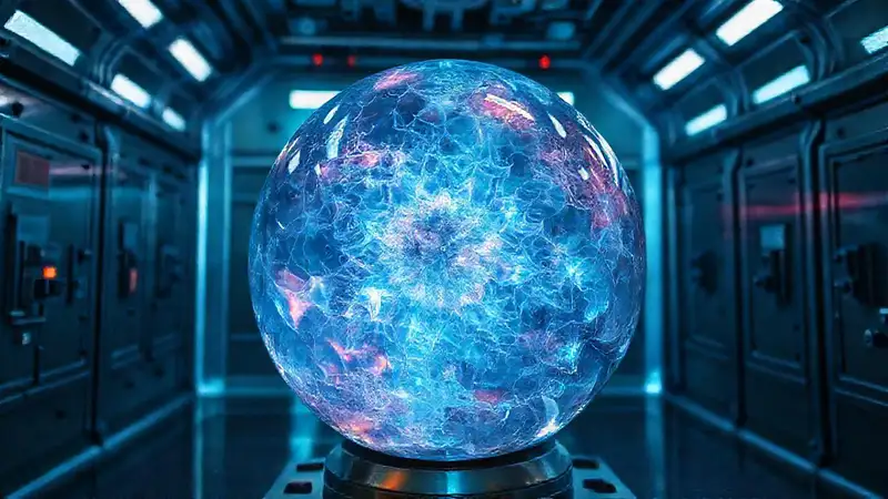 Esfera cristalina fractal en ambiente misterioso