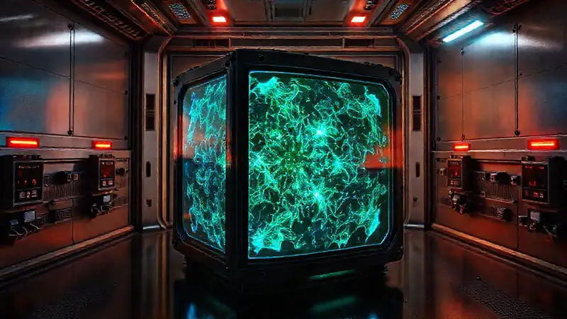 Objeto cúbico con patrones fractales fluorescentes