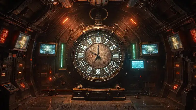 Reloj antiguo en cámara futurista misteriosa
