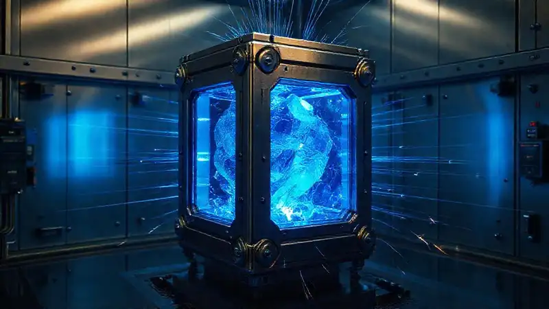 Cubo metálico brillante en laboratorio futurista