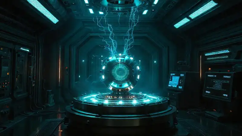 Laboratorio futurista con objeto misterioso resplandeciente