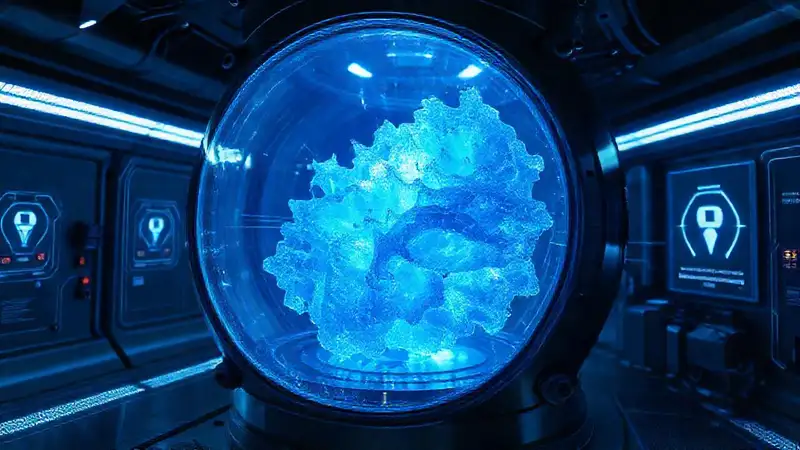 Cristal fractal azul en contención futurista