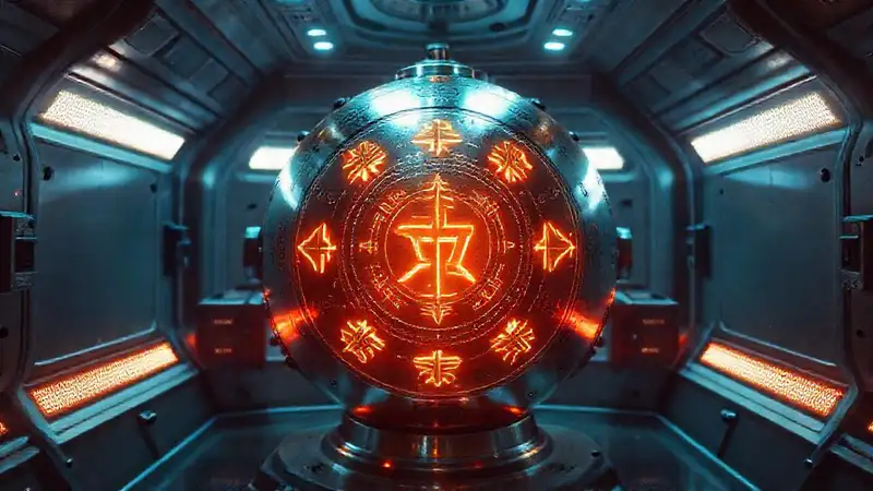 Esfera metálica luminosa en laboratorio futurista